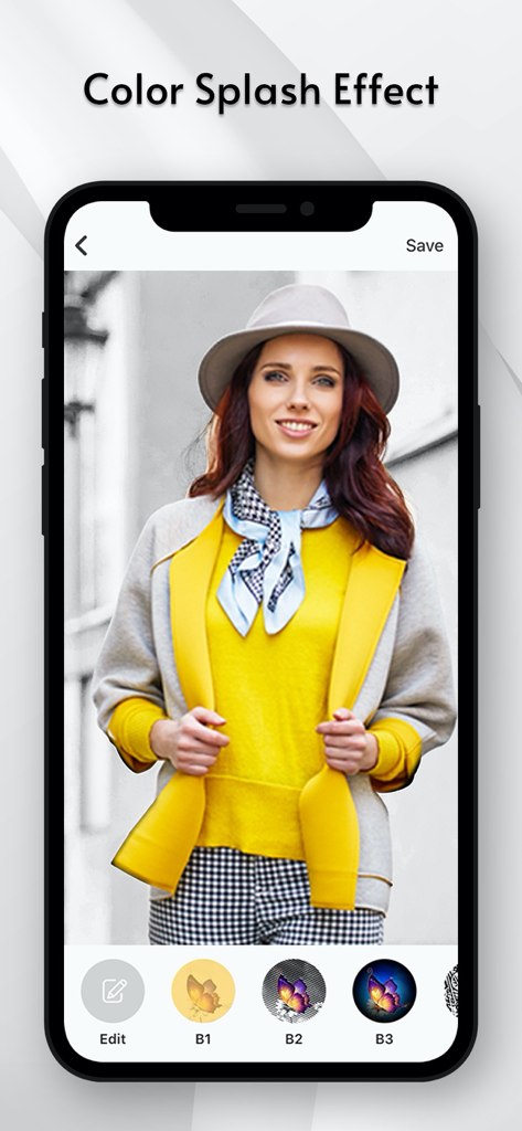 Color Pop - Photo Editor - Mobile app interface showing a selective color splash effect on a photo of a woman in a yellow cardigan