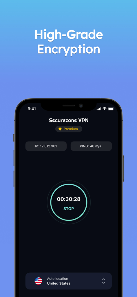 VPN Super Fast Securezone Best - Securezone VPNアプリのインターフェース、高グレードの暗号化と米国サーバーへの接続を表示