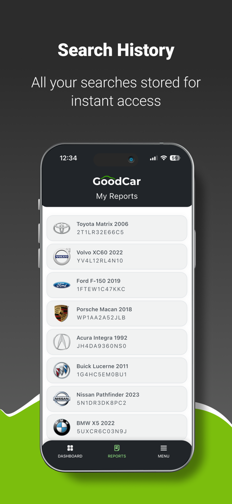 GOODCAR: Vehicle History Check - GoodCar app interface showing a list of saved vehicle history reports for various car models