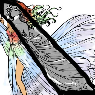 realistic woman in dress flowing the the wind