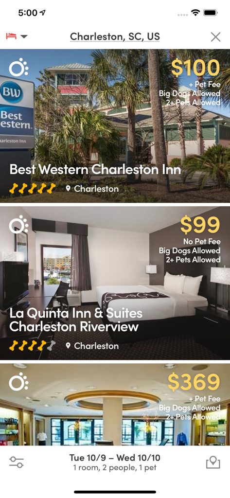 BringFido app interface displaying pet friendly hotel listings in Charleston with pricing and dog policy details