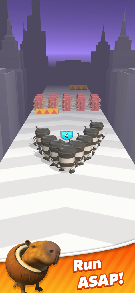 Italian Meme Game:Merge Runner - Italian Meme Game Merge Runner gameplay showing a squad of coffee cup characters on a 3D track with a capybara in the foreground