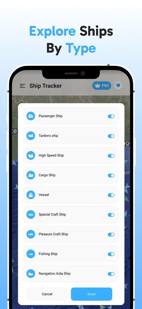 Vessel Tracker : Marine Raddar - Mobile app screen showing a menu to filter maritime vessels by type including tankers cargo and passenger ships