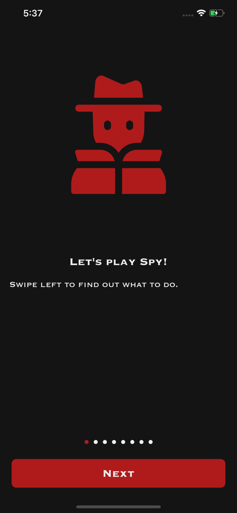 Spy - Écran d'accueil de l'application de jeu de fête Spy avec une icône d'espion rouge et un bouton suivant