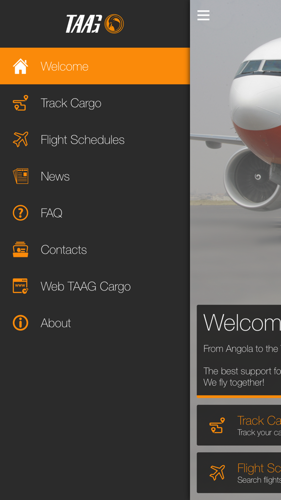 TAAG Cargo - Side navigation menu of the TAAG Cargo app showing options for tracking and flight schedules