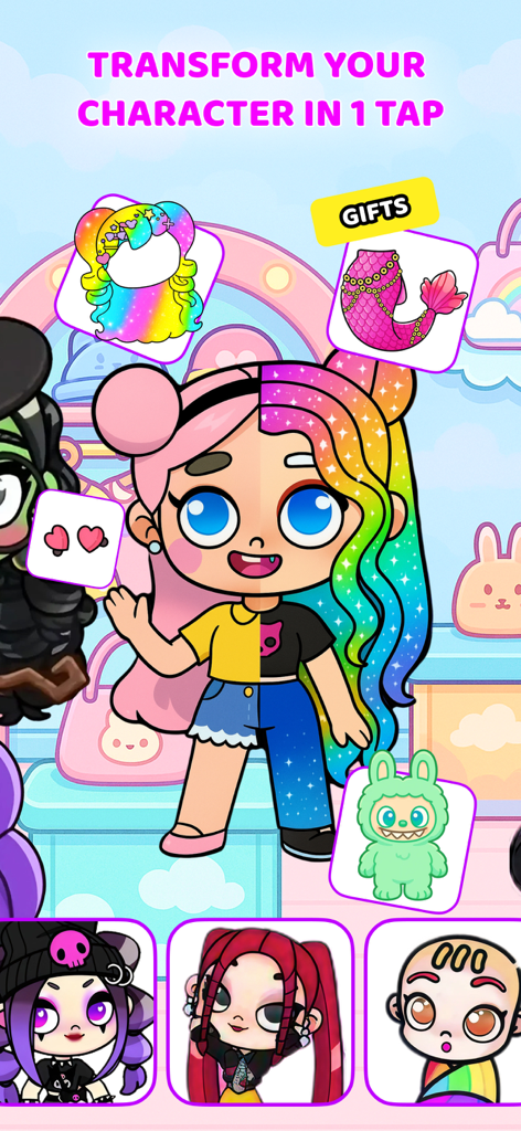 Character customization screen showing various colorful skins and outfits in Avatar Life