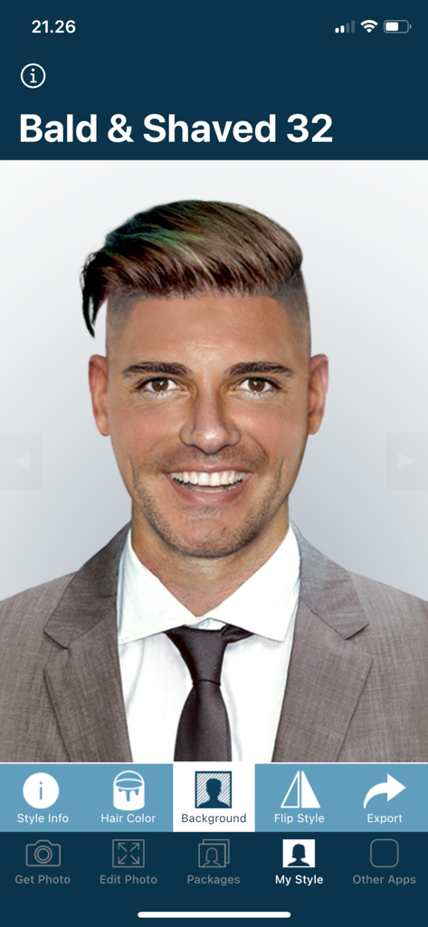 A man in a suit previewing a shaved undercut hairstyle in the Hairstyle Try On app