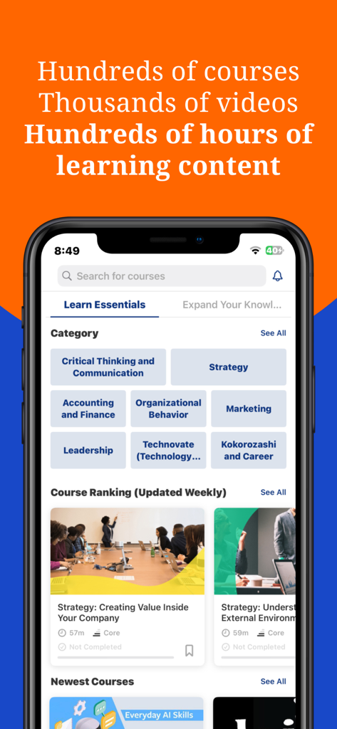GLOBIS Unlimited - Interfaz de la aplicación GLOBIS Unlimited mostrando categorías de cursos de negocios como Estrategia y Liderazgo.