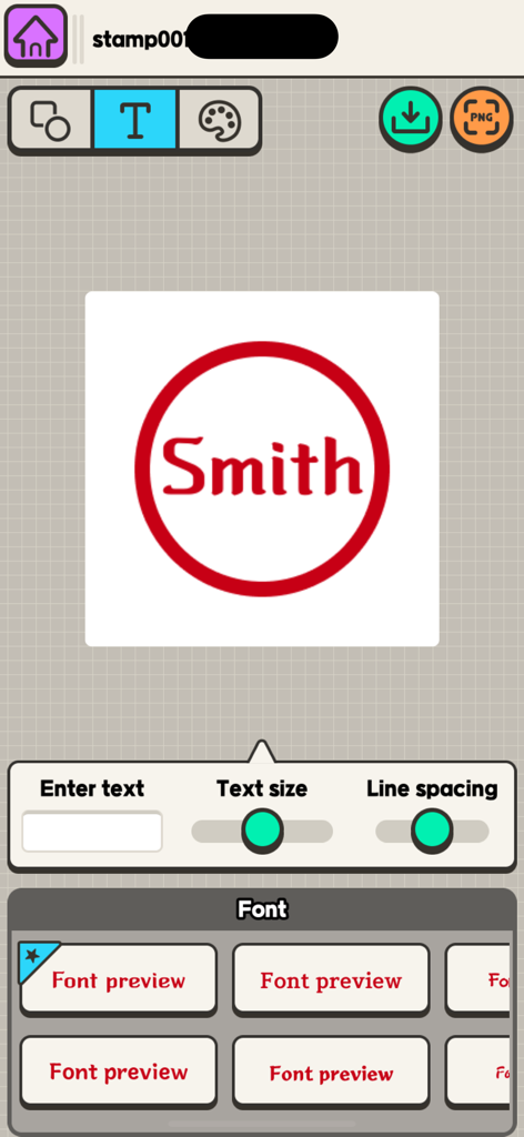 Interfaz de la aplicación Stamp Craft para crear un sello digital personalizado con el nombre Smith