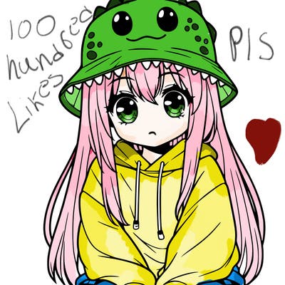 girl with anime shaped eyes with a dinosaur bucket hat oversized sweatshirt long straight hair