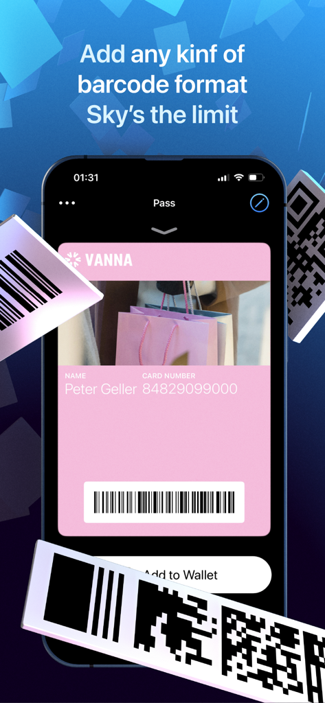 Interface of Walletsmith app showing a pink digital loyalty card and multiple barcode format options