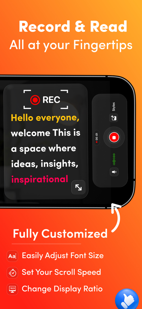 Teleprompter :Video Recording· - A smartphone in landscape mode showing the teleprompter recording screen with adjustable settings for font size, scroll speed, and display ratio.