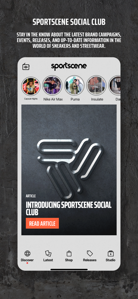 Sportscene Social Club - Sportscene Social Club app discover interface with streetwear articles and sneaker brand campaigns