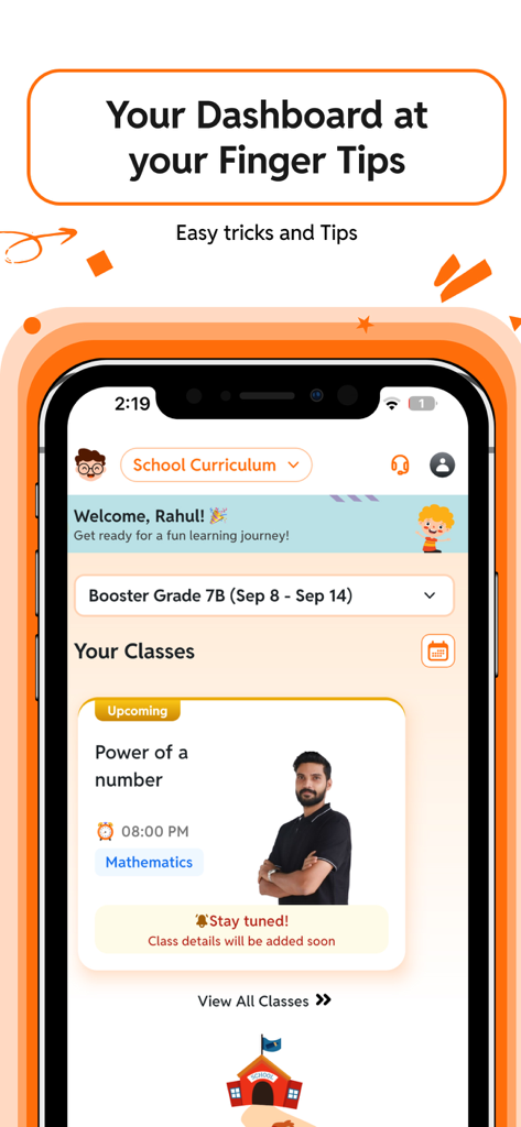 CuriousJr powered by PW - A mobile app dashboard for CuriousJr displaying scheduled math classes and school curriculum