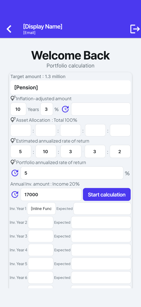 Uma ferramenta de cálculo de portfólio para planejamento de investimentos e aposentadoria, mostrando campos para alocação de ativos e retornos esperados.