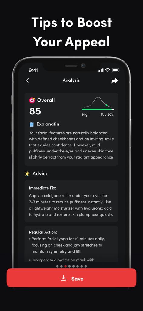 Umax AI: Face Scan & Rate face - Schermata di analisi facciale di Umax AI con un punteggio di 85 e suggerimenti per aumentare l'attrattiva