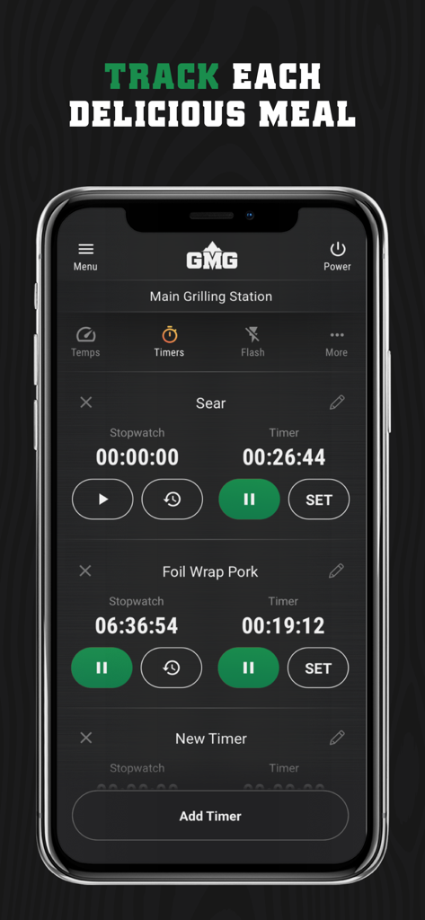 GMG Prime App - GMG Prime mobile App-Oberfläche mit mehreren aktiven Grilltimern zum Anbraten und Folienwickeln von Schweinefleisch