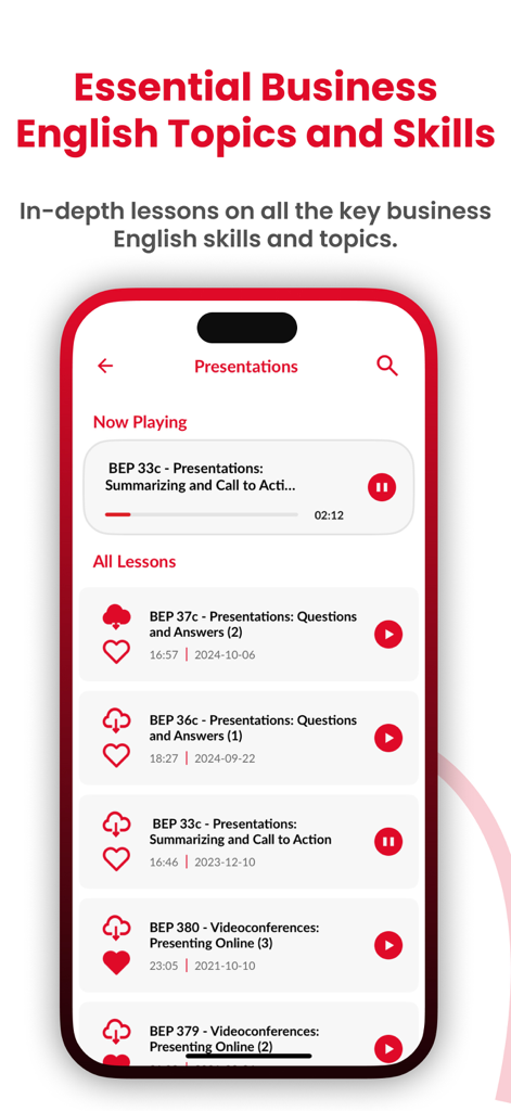 Una lista de lecciones de inglés profesional centradas en presentaciones dentro de la aplicación móvil Business English by BEP.