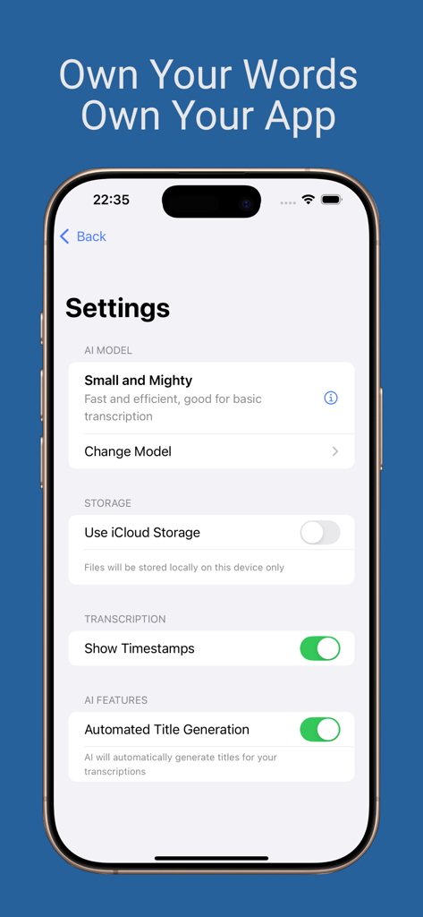 Nasu - Voice Notes - Nasu app settings screen showing AI model selection storage preferences and automated title generation features
