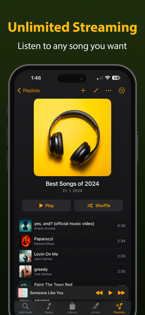 Demus app interface on an iPhone displaying a music playlist titled Best Songs of 2024 with playback options.