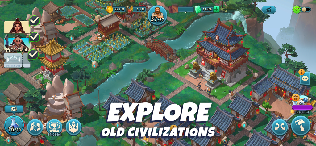 Una ciudad temática de Asia Oriental en Rise of Cultures que muestra templos y granjas