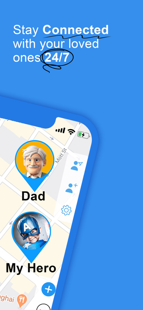 Pantalla de la aplicación de localización familiar que muestra las ubicaciones de papá y un niño en un mapa