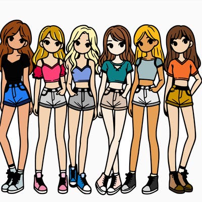 a group of girls wearing crop tops and shorts