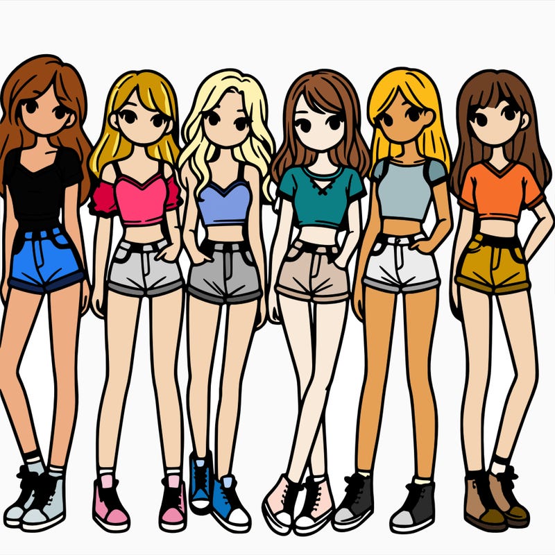 a group of girls wearing crop tops and shorts