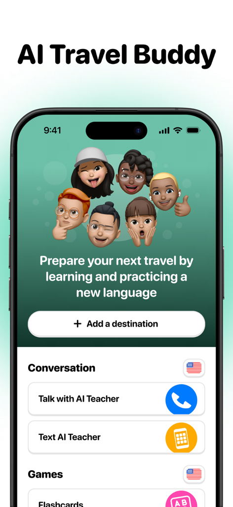 Pantalla de la aplicación Talk AI que muestra la función AI Travel Buddy para aprender y practicar nuevos idiomas antes de un viaje.