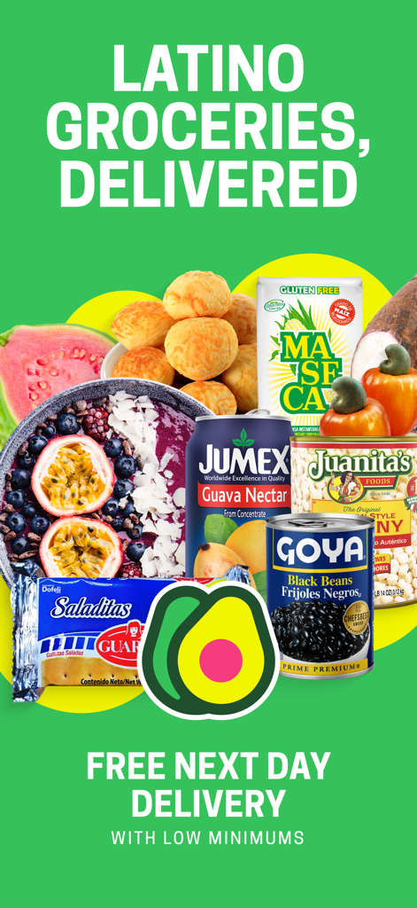 MásGusto - Captura de pantalla de la aplicación MasGusto que muestra productos de comestibles latinos auténticos con oferta de entrega gratuita al día siguiente