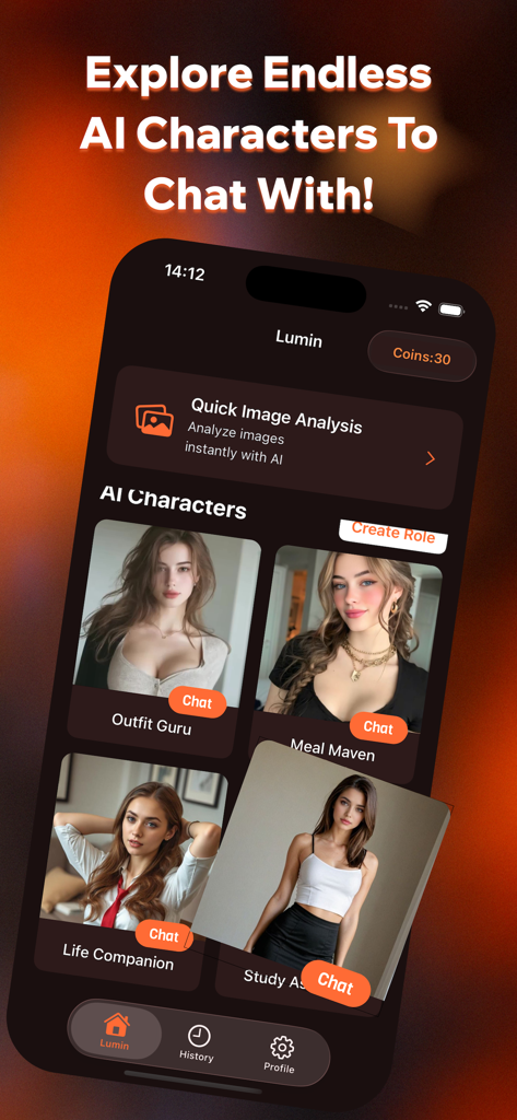 Lumin - AI Partner - Mobile app interface of Lumin showing a variety of AI characters available for chat and image analysis features