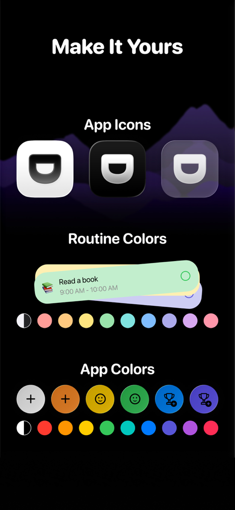 Daijobu – Daily Habit Tracker - Customization options for app icons and routine colors in the Daijobu app.