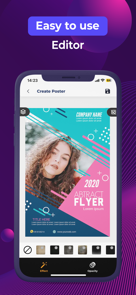 Ein Smartphone-Bildschirm, der den Poster Maker App-Editor mit einem bunten Flyer-Design zeigt