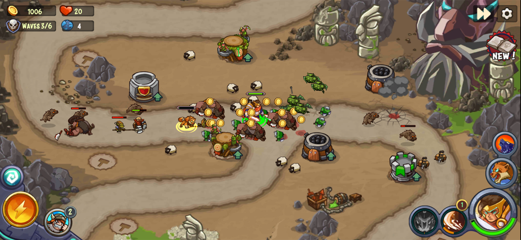 Strategic tower defense battle with towers and heroes defending against enemy waves.