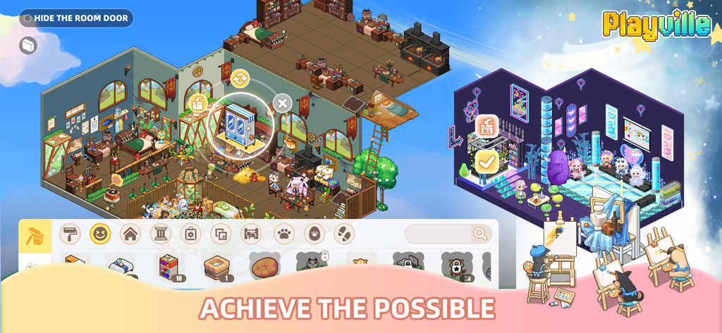 Pixel art interface showing room decoration and furniture options in PlayVille