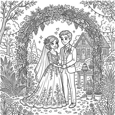 Step into a whimsical world with this beautiful Cottagecore Wedding coloring page, perfect for celebrating love and nature. Bring to life a charming bride and groom amidst lush floral arches and a cozy rustic backdrop.