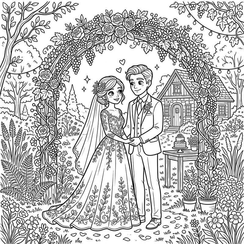 Step into a whimsical world with this beautiful Cottagecore Wedding coloring page, perfect for celebrating love and nature. Bring to life a charming bride and groom amidst lush floral arches and a cozy rustic backdrop.