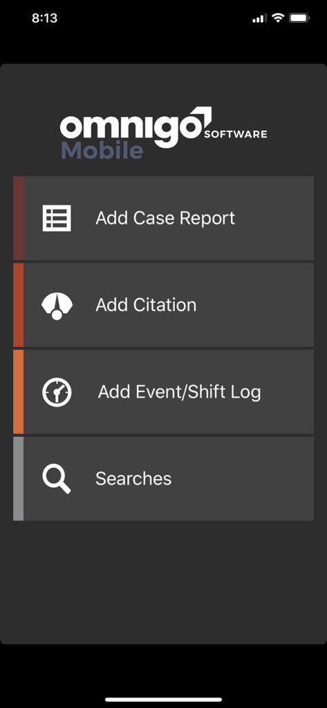 Menu principale dell'app mobile Omnigo che mostra le opzioni per Aggiungi Rapporto Caso, Aggiungi Sanzione, Aggiungi Log Turno Eventi e Ricerche