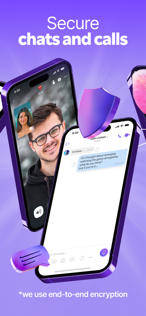 Screenshots von Rakuten Viber Messenger, die einen sicheren Videoanruf und ein Chatfenster mit einem Verschlußelungssymbol anzeigen