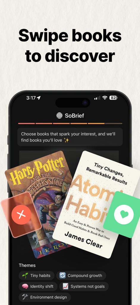 Interfaccia dell'app SoBrief che mostra la funzione scorri per scoprire libri con copertine di Atomic Habits e Harry Potter