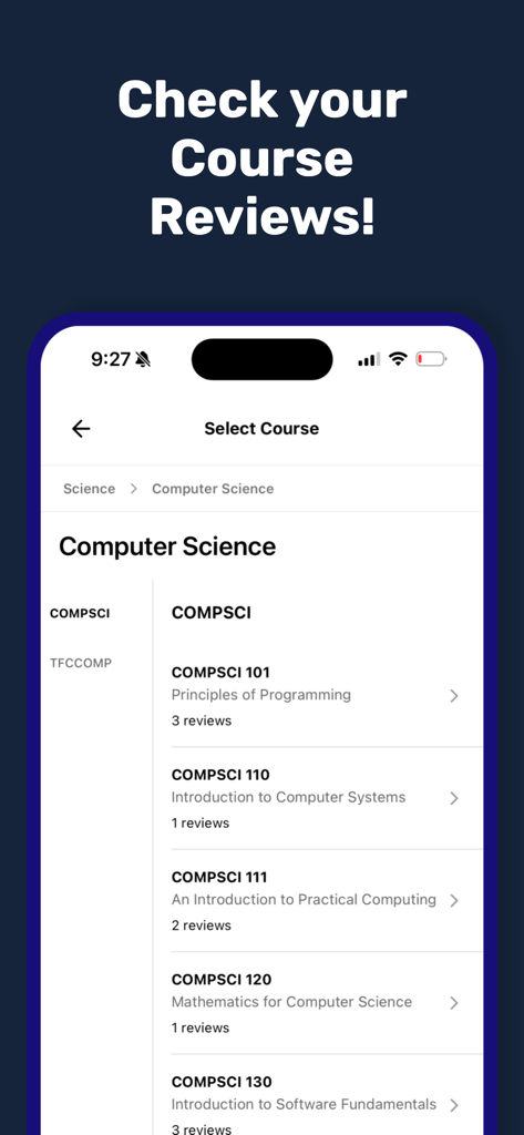 Quad - UoA Student Hub - Course reviews interface in the Quad UoA Student Hub app showing a list of Computer Science classes