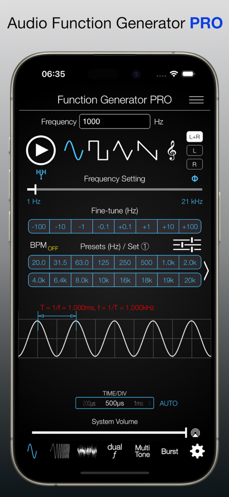 Audio Function Generator PRO - Audio Function Generator PRO interface with sine wave visualization and frequency controls