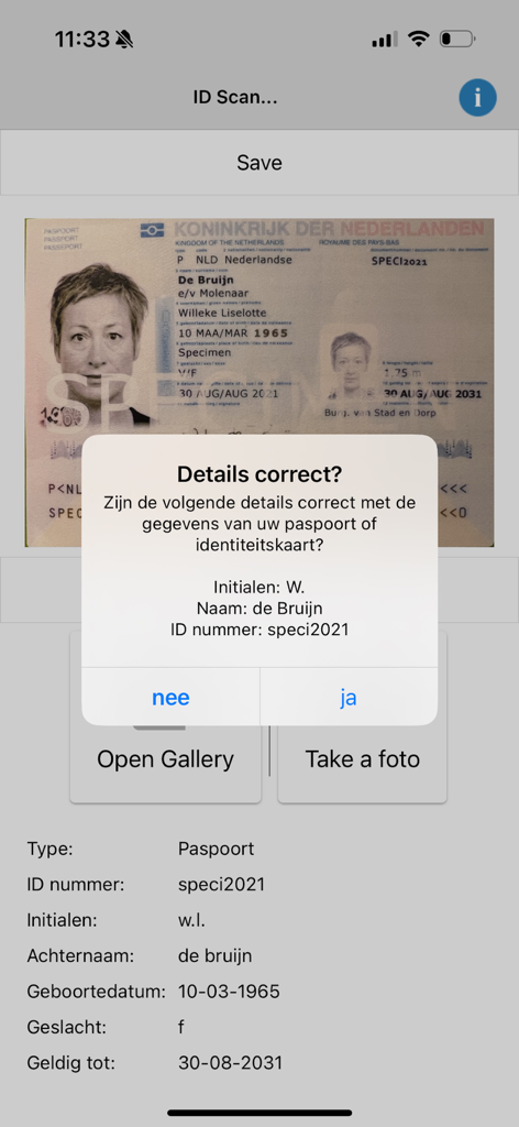 Rx whizz - Identity verification screen in RX Whizz app showing a passport scan and data confirmation