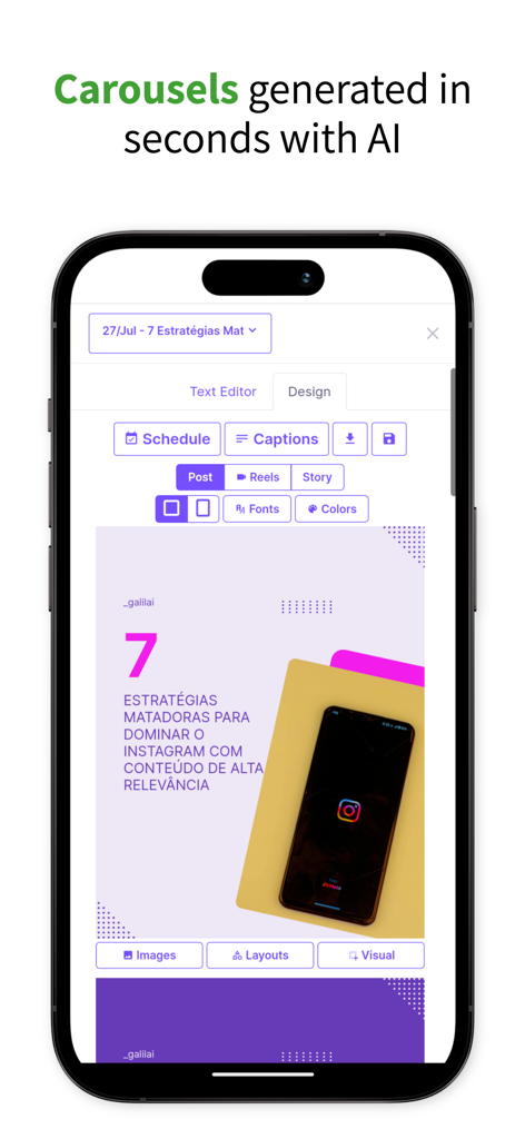 Reels & Posts Maker - GalilAI - AI生成されたカルーセル投稿とデザイン編集ツールを表示するGalilAIのモバイルアプリインターフェース。