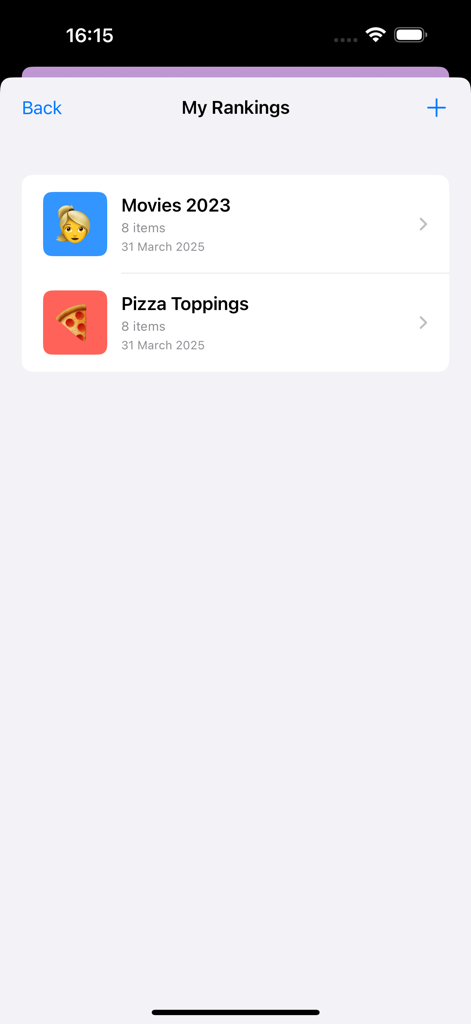 Blind Rank Filter Maker - The My Rankings screen in the app displaying a list of created filters including Movies 2023 and Pizza Toppings.