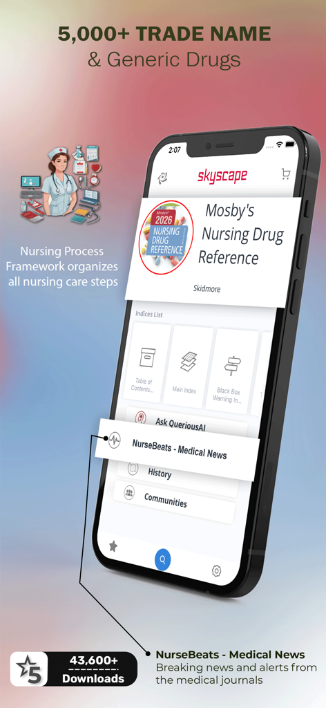 Interface do aplicativo móvel Referência de Medicamentos de Enfermagem Mosby mostrando informações sobre medicamentos e recursos de notícias médicas