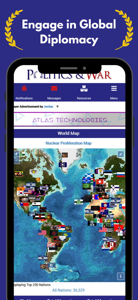 Une carte du monde dans le jeu mobile Politics and War montrant divers pays de joueurs et des drapeaux personnalisés