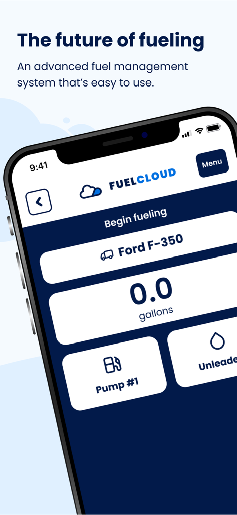 FuelCloud - FuelCloud mobile app interface showing fuel tracking and pump selection for a Ford F-350