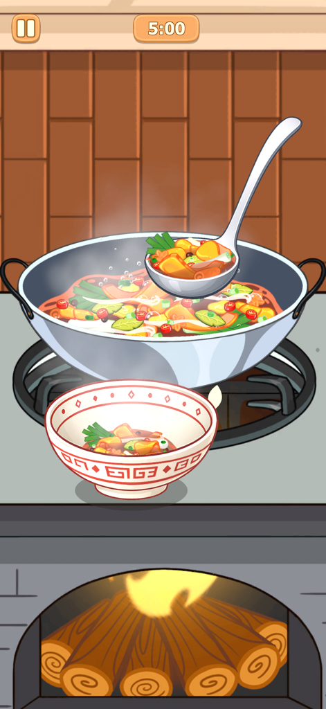 Cozy cooking gameplay showing traditional soup being prepared over a rustic wood fire stove