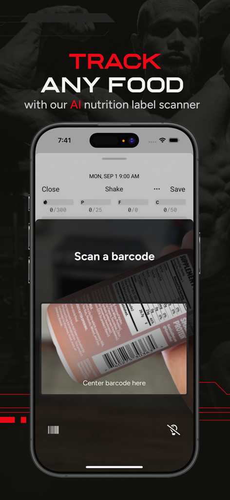 RP Diet Coach & Planner - Smartphone showing the RP Diet Coach app interface using an AI barcode scanner to log food nutrition labels.